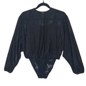 HAH Hot As Hell Black Mesh Lattice Lace Bodysuit Top Small Long Sleeve Goth